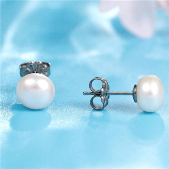 Hypoallergenic Titanium Studs with White Freshwater Cultured Pearl Earrings - Picture 2 of 7
